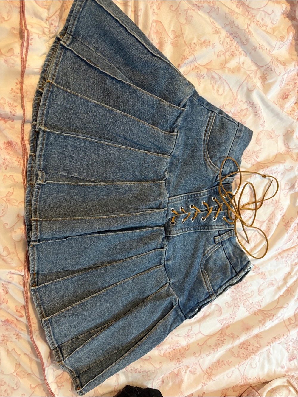 Denim Lace-Up Pleated Mini Skirt - Blue